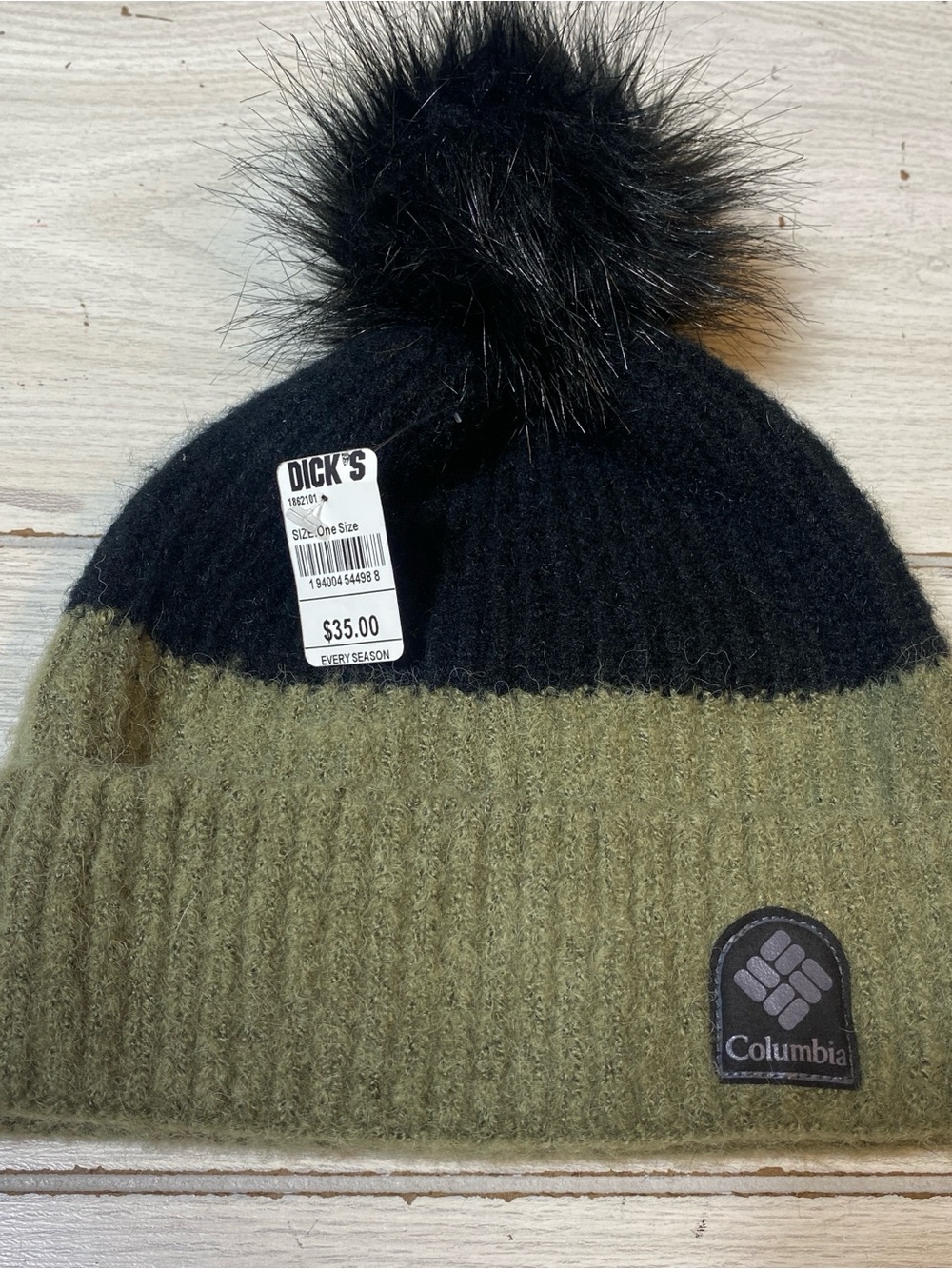 Columbia Pom Beanie Hat Womens Unisex Black Olive Green Winter Fleece Lined NWT